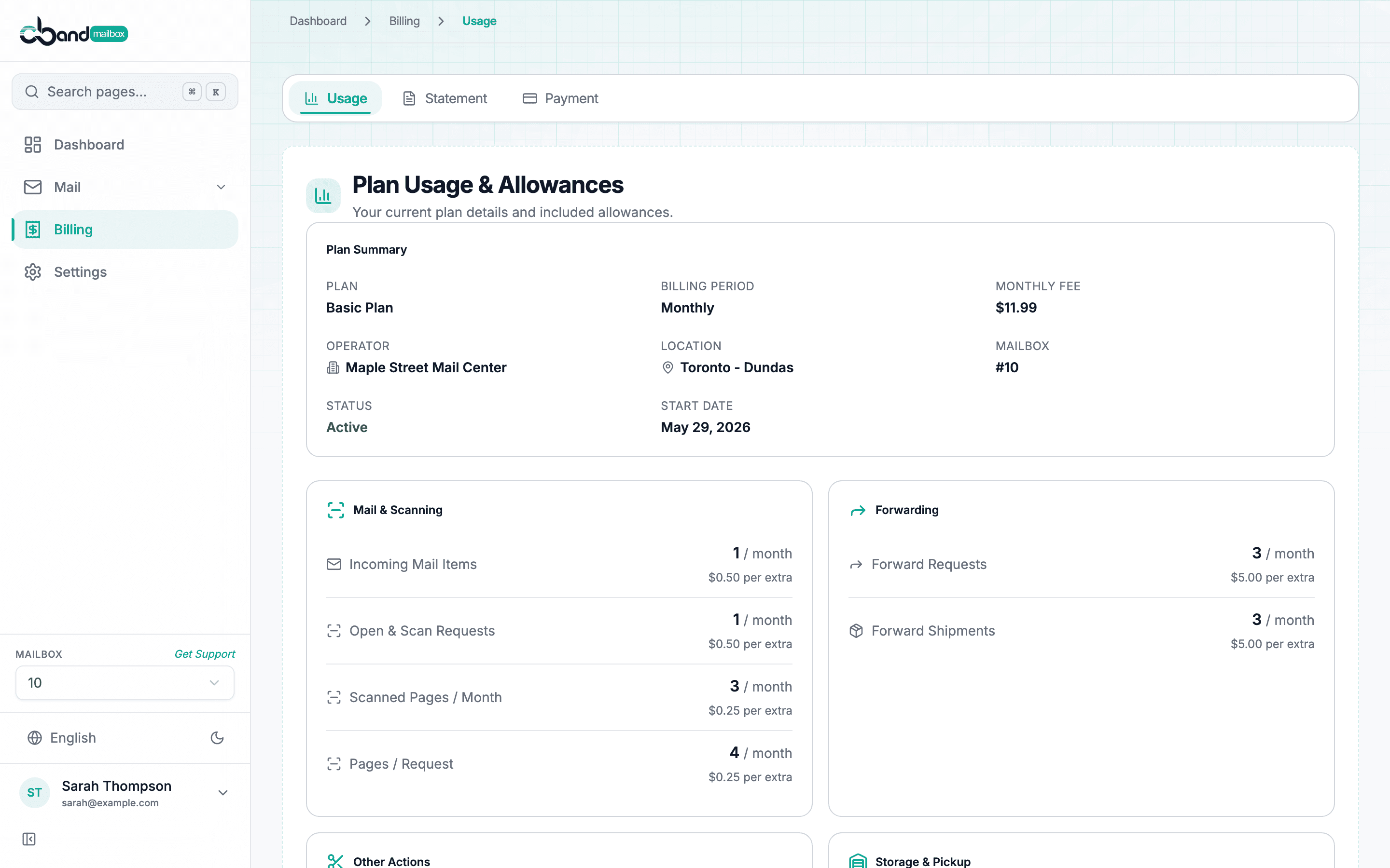 Usage and billing screen in the C-Band Mailbox dashboard