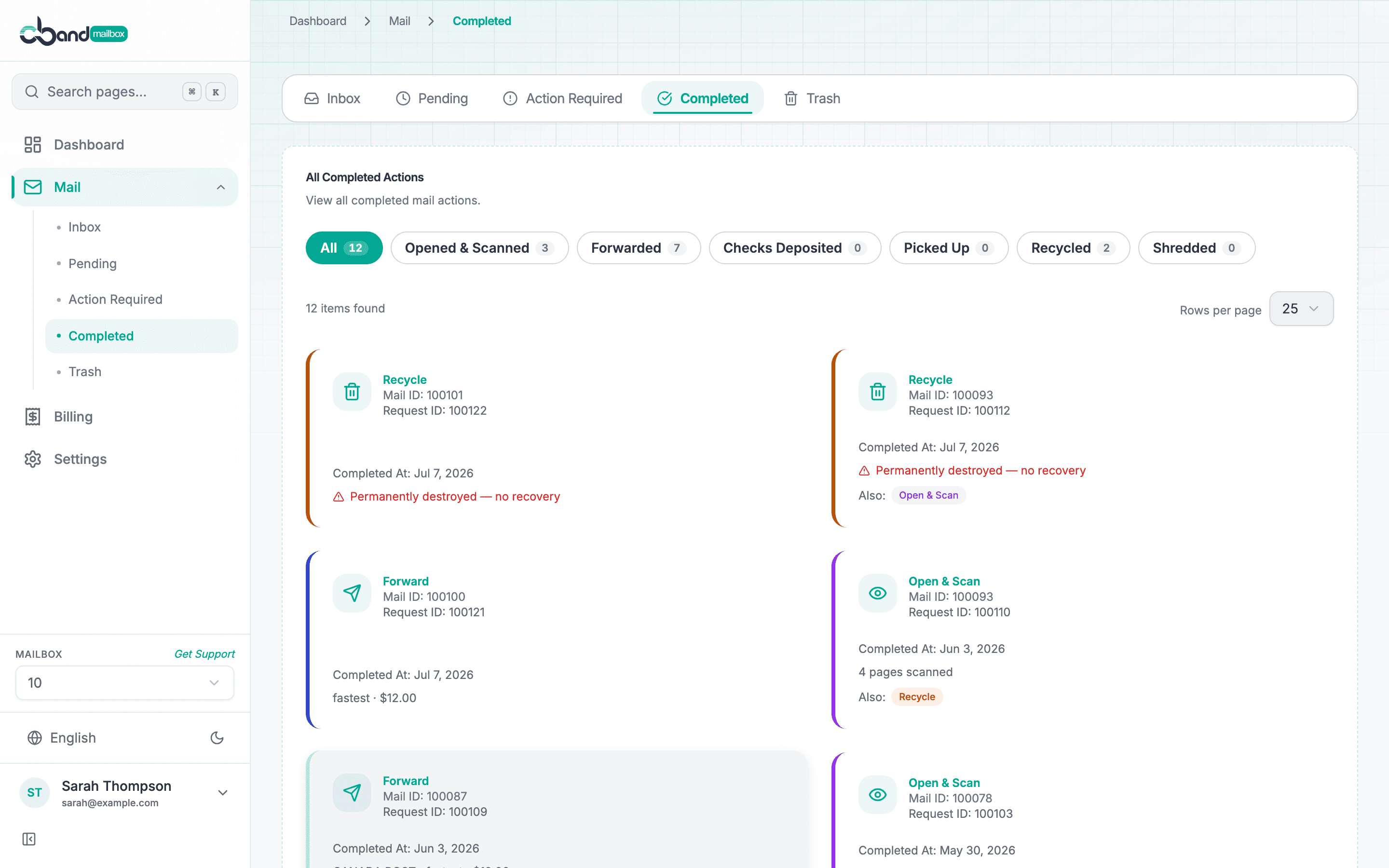 Completed mail actions history in the C-Band Mailbox dashboard